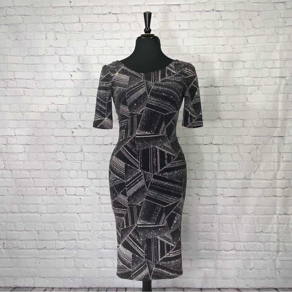 Haute Monde black and silver glitter dress, open back, size M